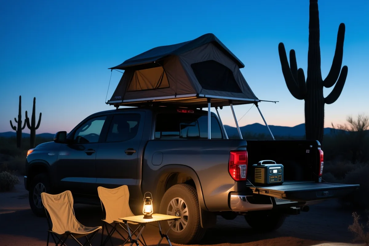 A pickup truck with a rooftop tent at dusk in the Sonoran desert, a lantern on a folding table