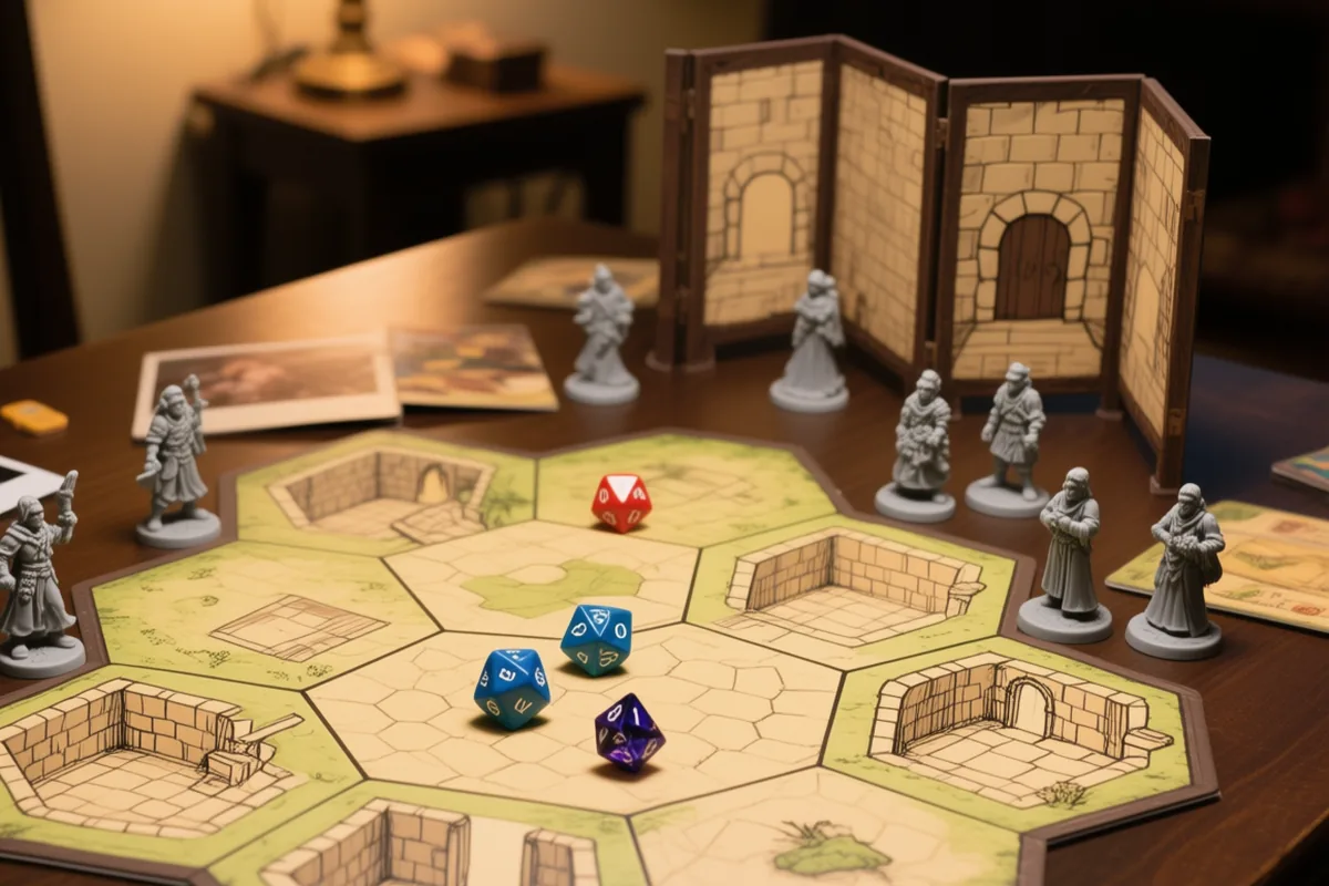 A tabletop game map drawn in wet-erase marker with dice and unpainted miniatures under lamp light