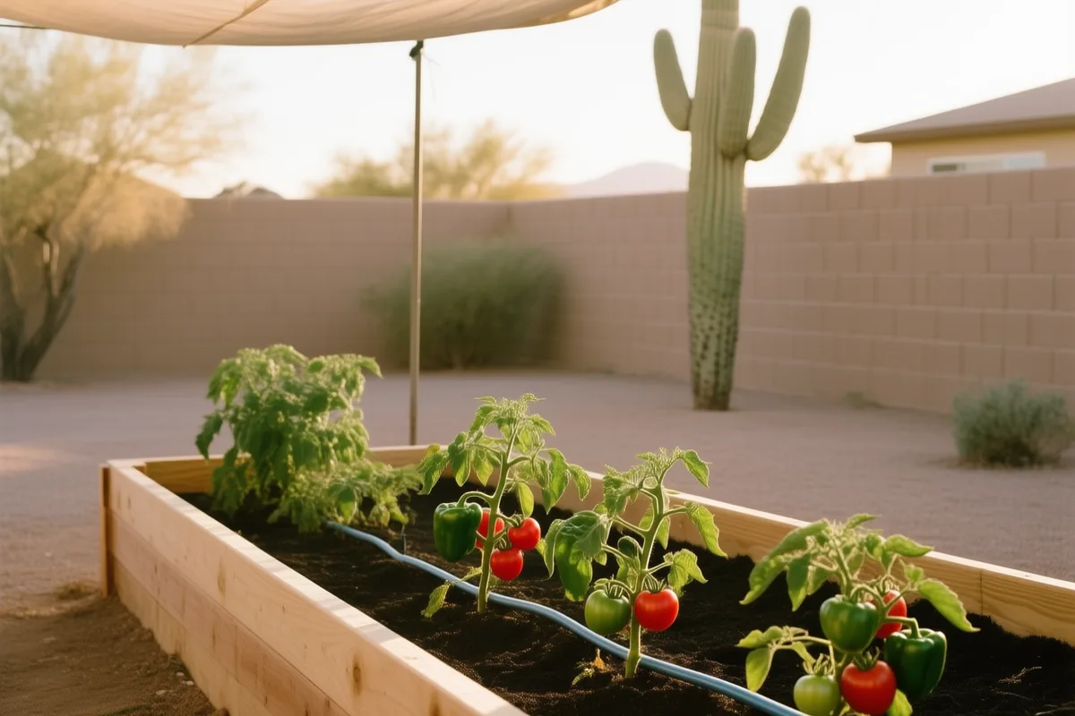 A raised garden bed in a Phoenix backyard at dawn with a drip line along the plants and shade cloth overhead