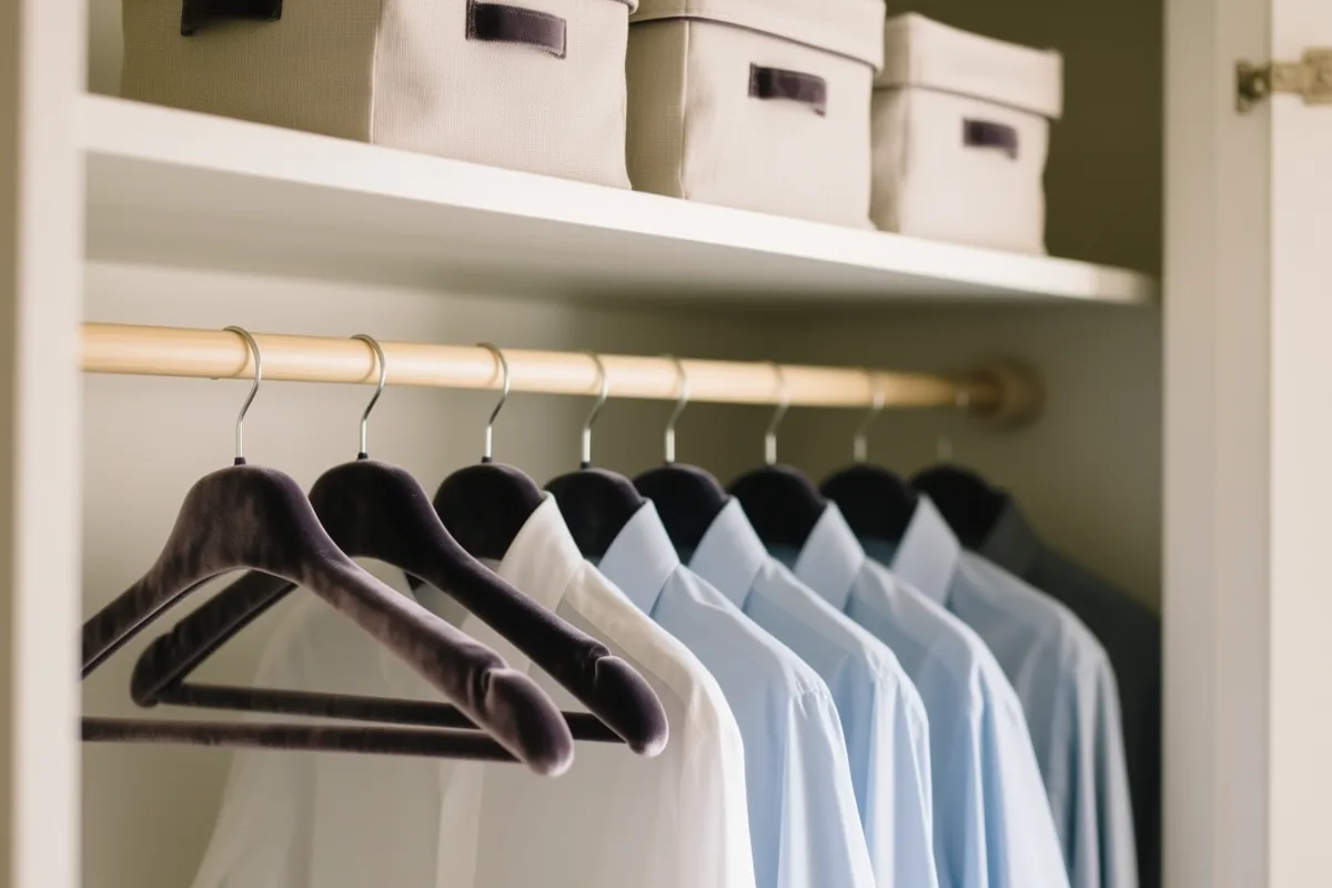 An organized reach-in closet with slim velvet hangers and lidded bins on the shelf