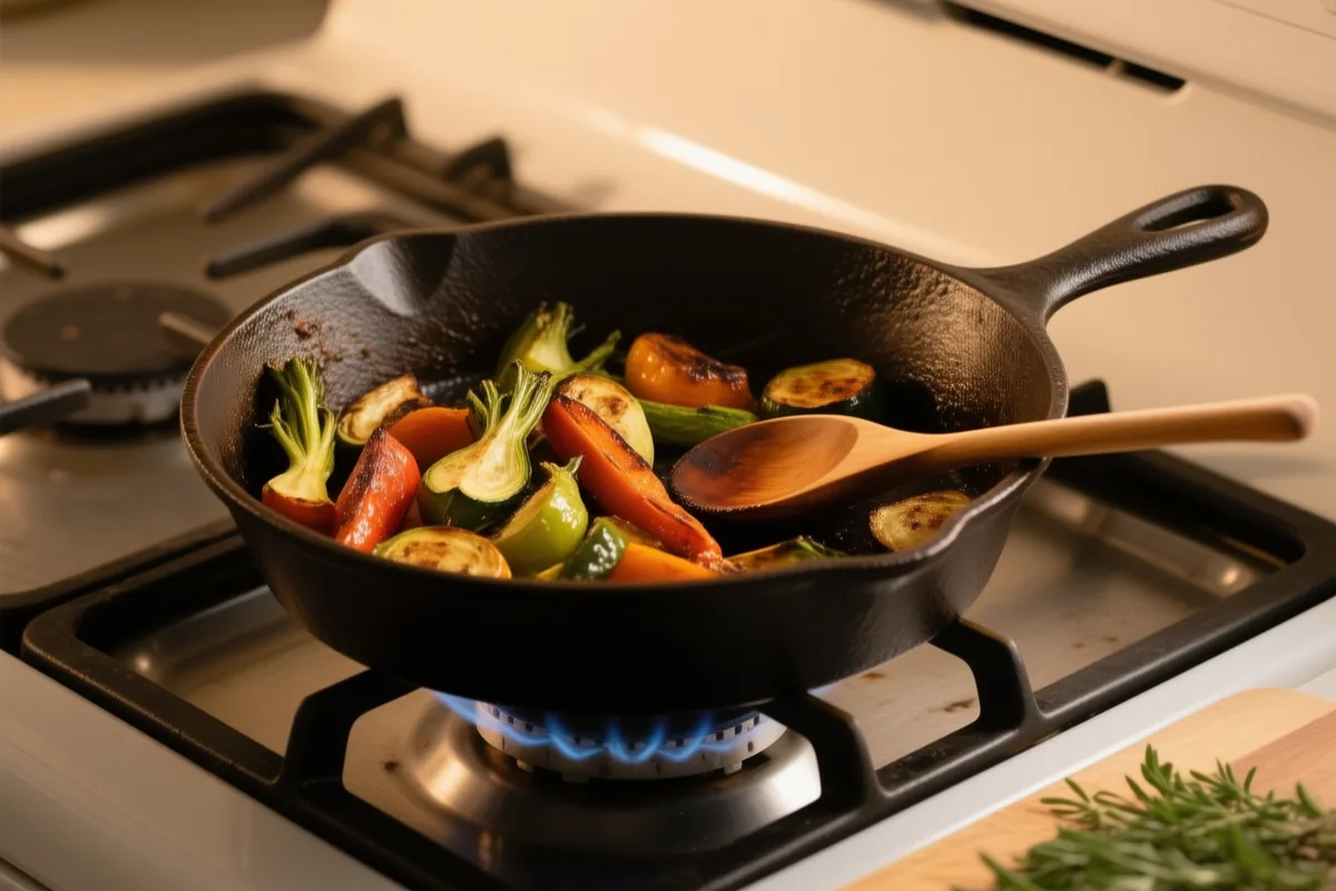 A cast iron skillet of roasted vegetables on a gas stove with herbs on a cutting board